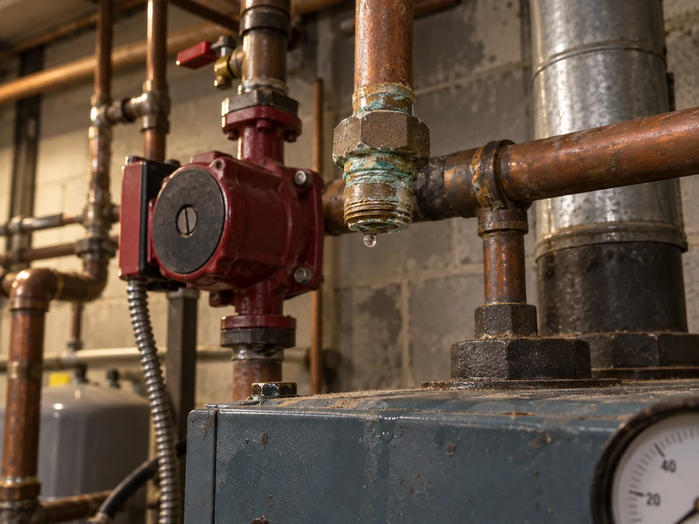 Corrosion on a boiler fitting and copper pipe