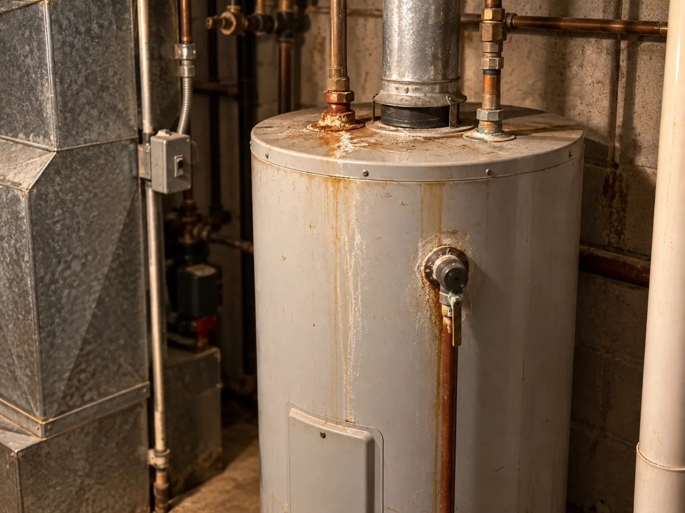 Rust at the fitting of an ageing water heater