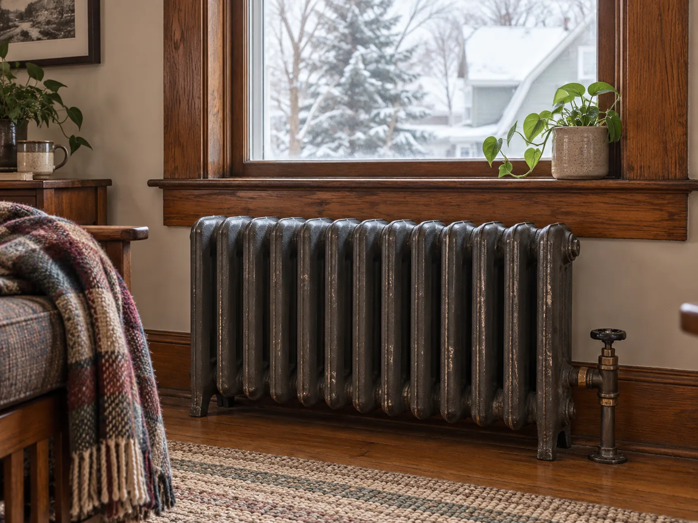 Cast iron radiator under a window in an older home