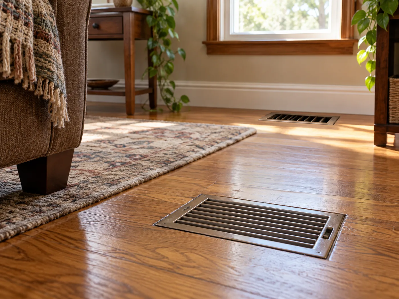 Closed floor register in a room of a Northland home