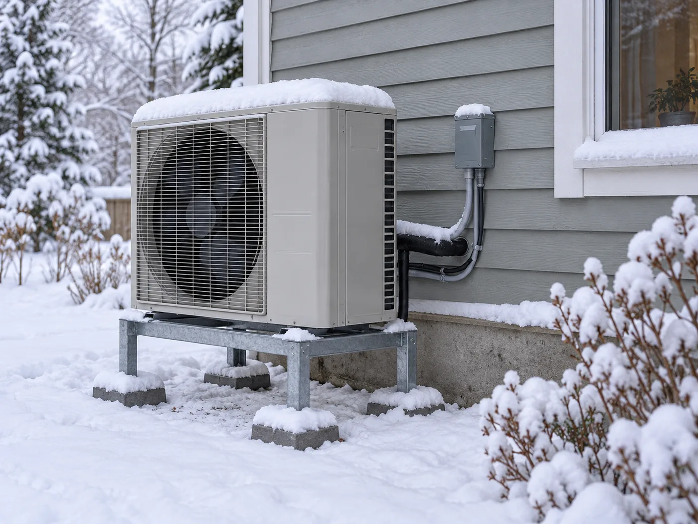 Heat pump running outside a clapboard house in winter