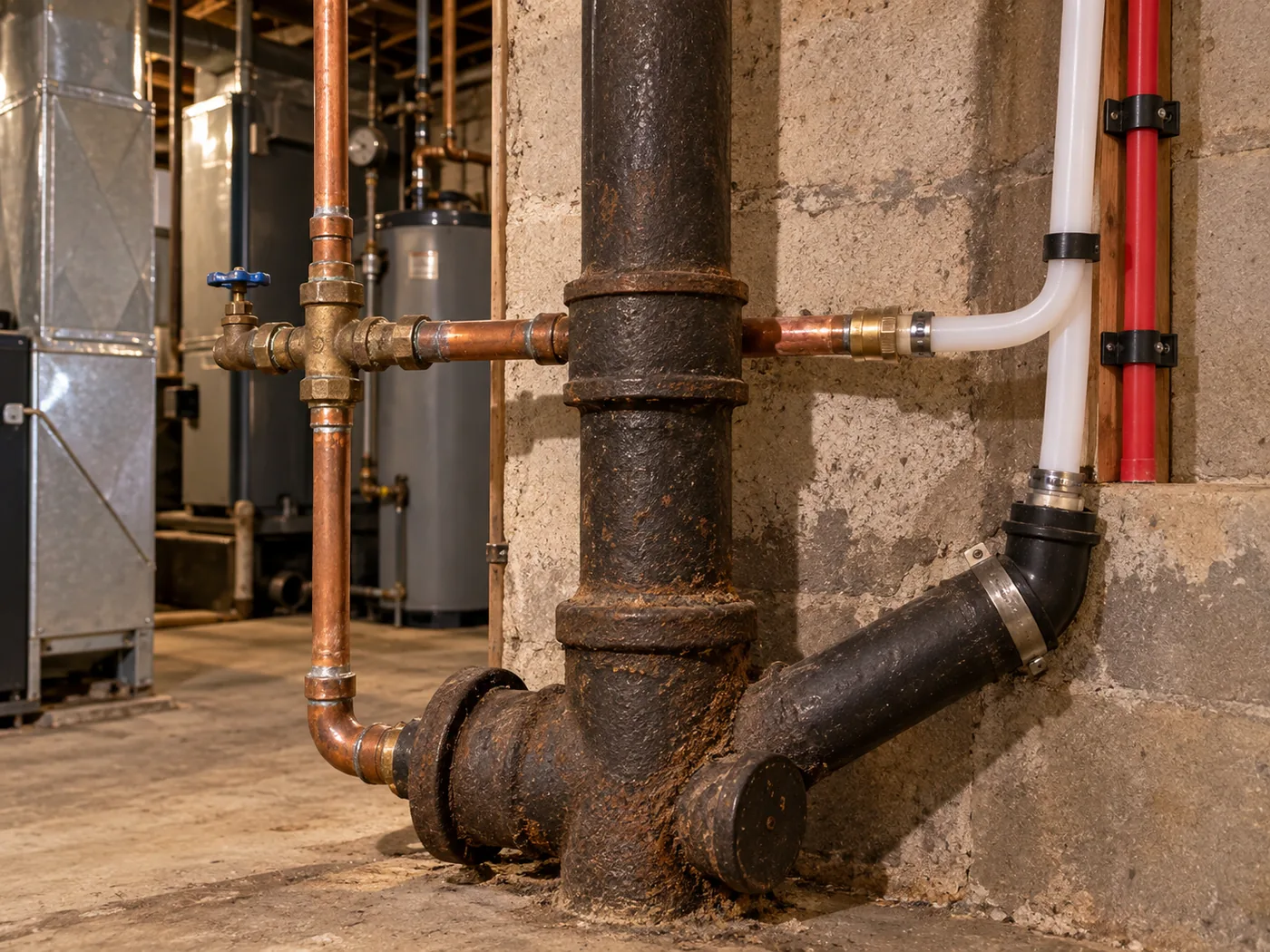 Copper and plastic supply lines run through a basement