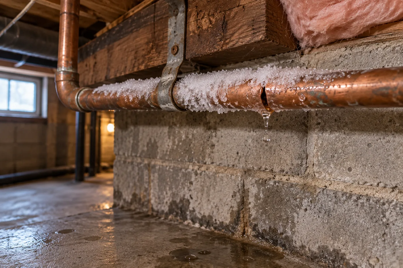 Split copper pipe against a block basement wall