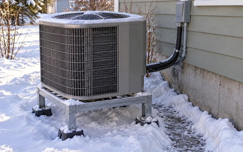 Cold-climate heat pump outside a home in winter