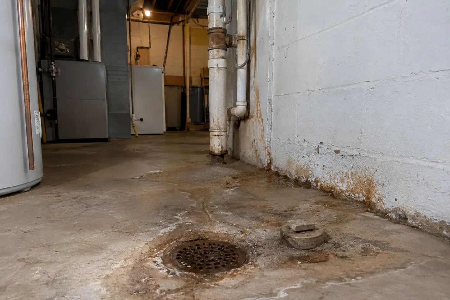 Floor drain and cleanout in a block wall basement