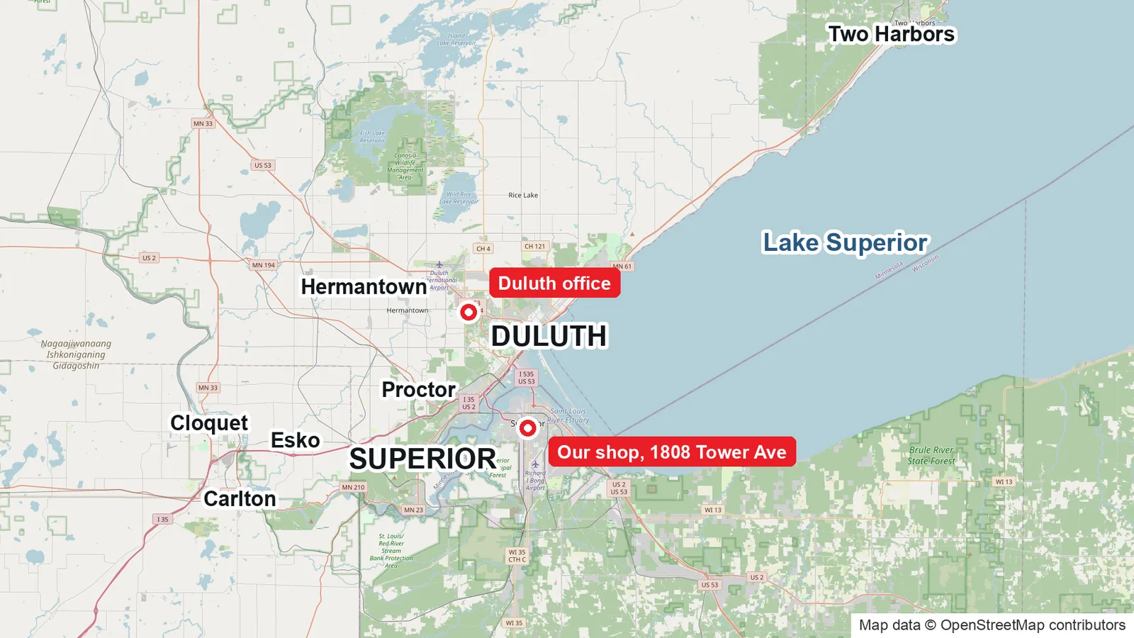 Map of the Twin Ports showing the Advantage Air shop in Superior and the Duluth office (map data © OpenStreetMap contributors)