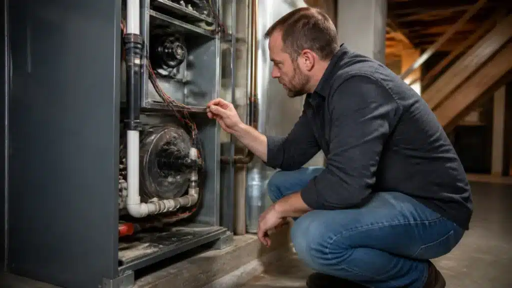 Technician crouched beside an open furnace in a basement checking the burner and flame sensor