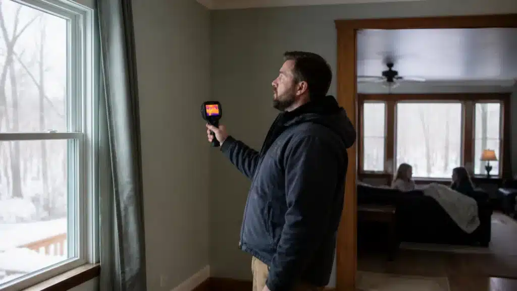 Homeowner using an infrared thermometer to check for a cold draft at a living room window in winter