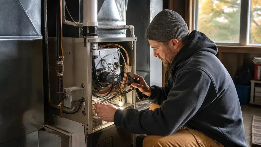 Homeowner in a knit hat inspecting the open burner compartment of a basement furnace before winter